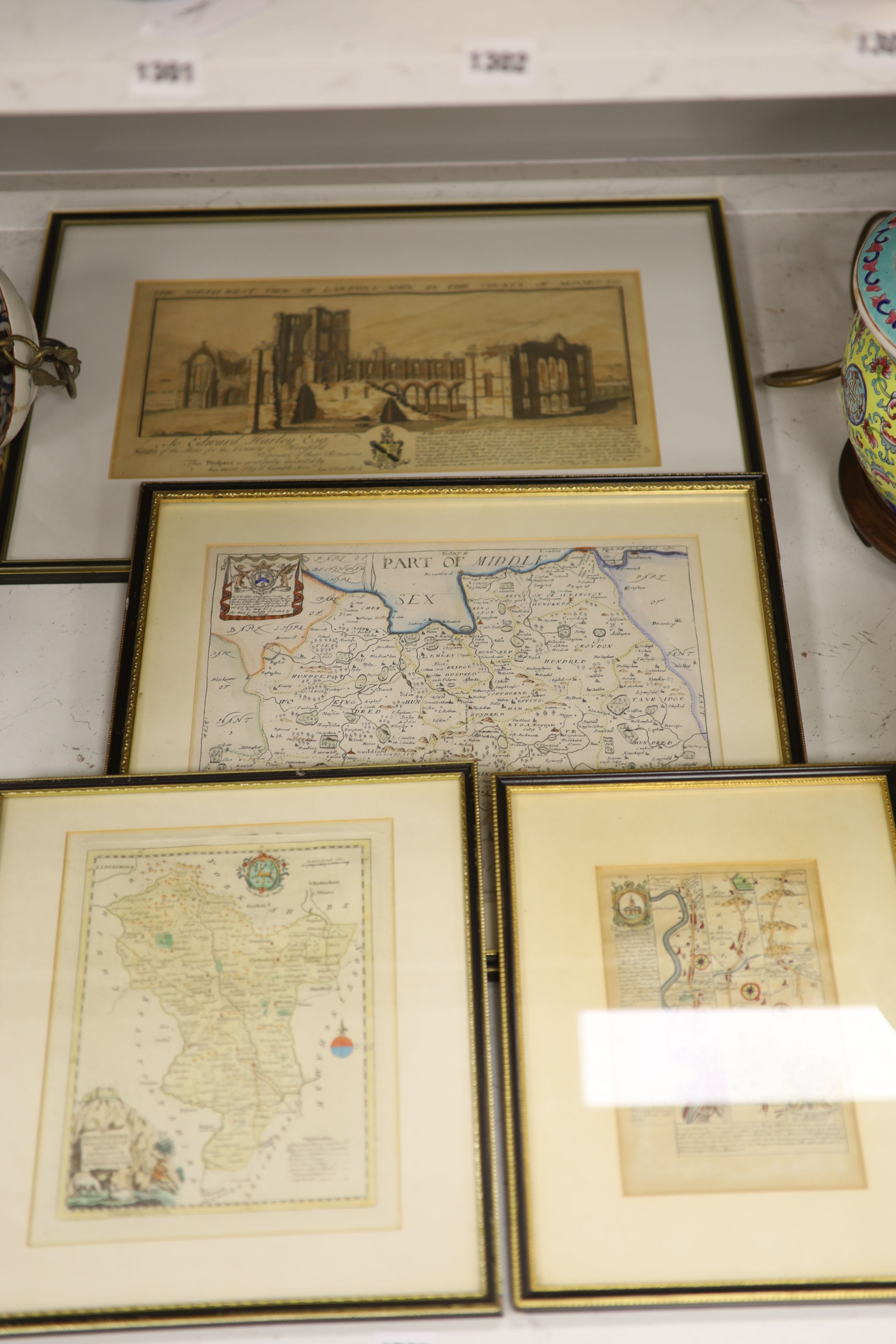 A Blome engraved Map of Surrey, 27 x 32cm, two other maps and engraving of Lantony Abbey